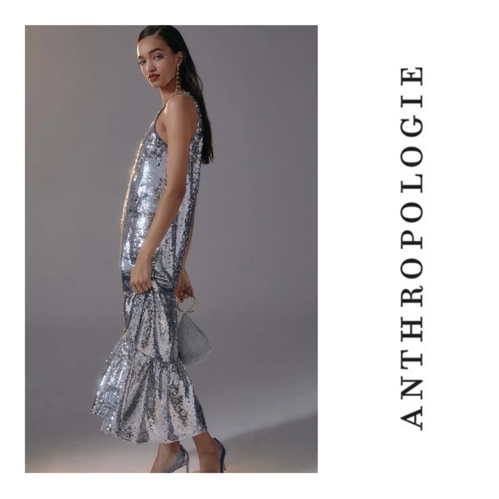 NWT Anthropologie Maeve Sequin One Shoulder Midi Dress Size L New Silver